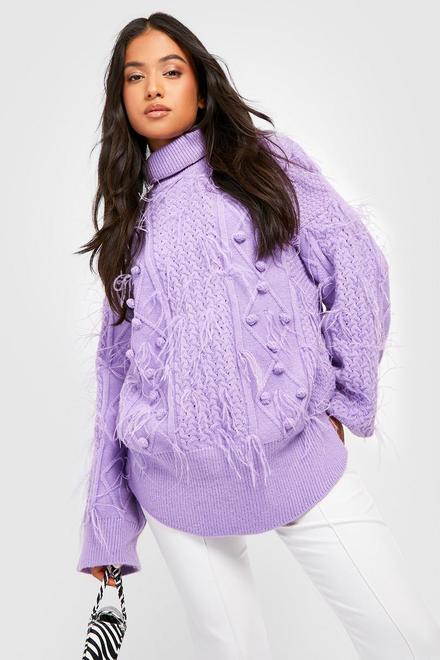 Pullover Petite in maglia intrecciata a collo alto con piume, Lilac
