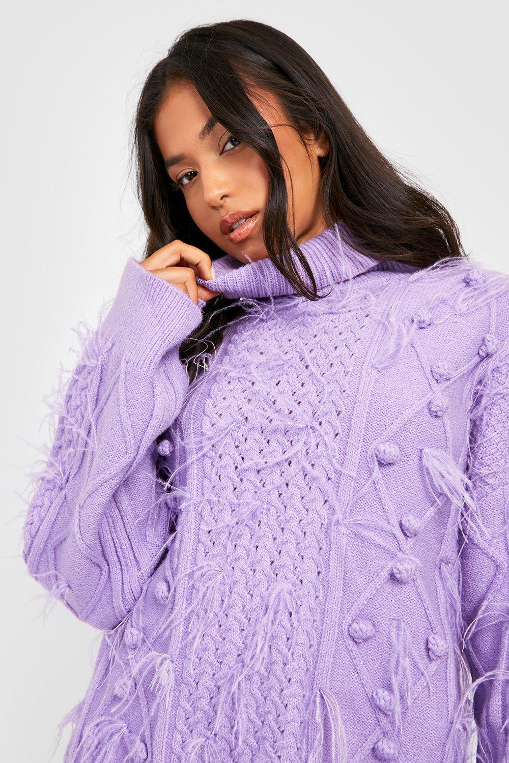 Petite Roll Neck Feather Cable Knit Jumper boohoo IE