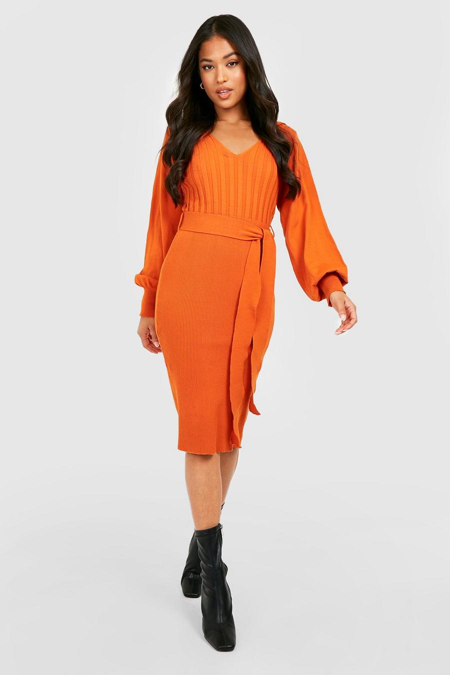 Orange Petite Soft Knit Belted Puff Sleeve Dress image number 1