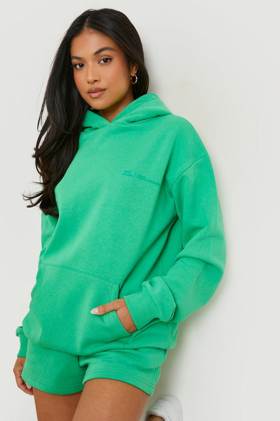 Green Petite Text Print Hooded Short Tracksuit image number 1