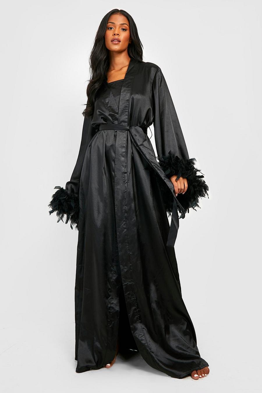 Black Tall Premium Feather Maxi Robe image number 1