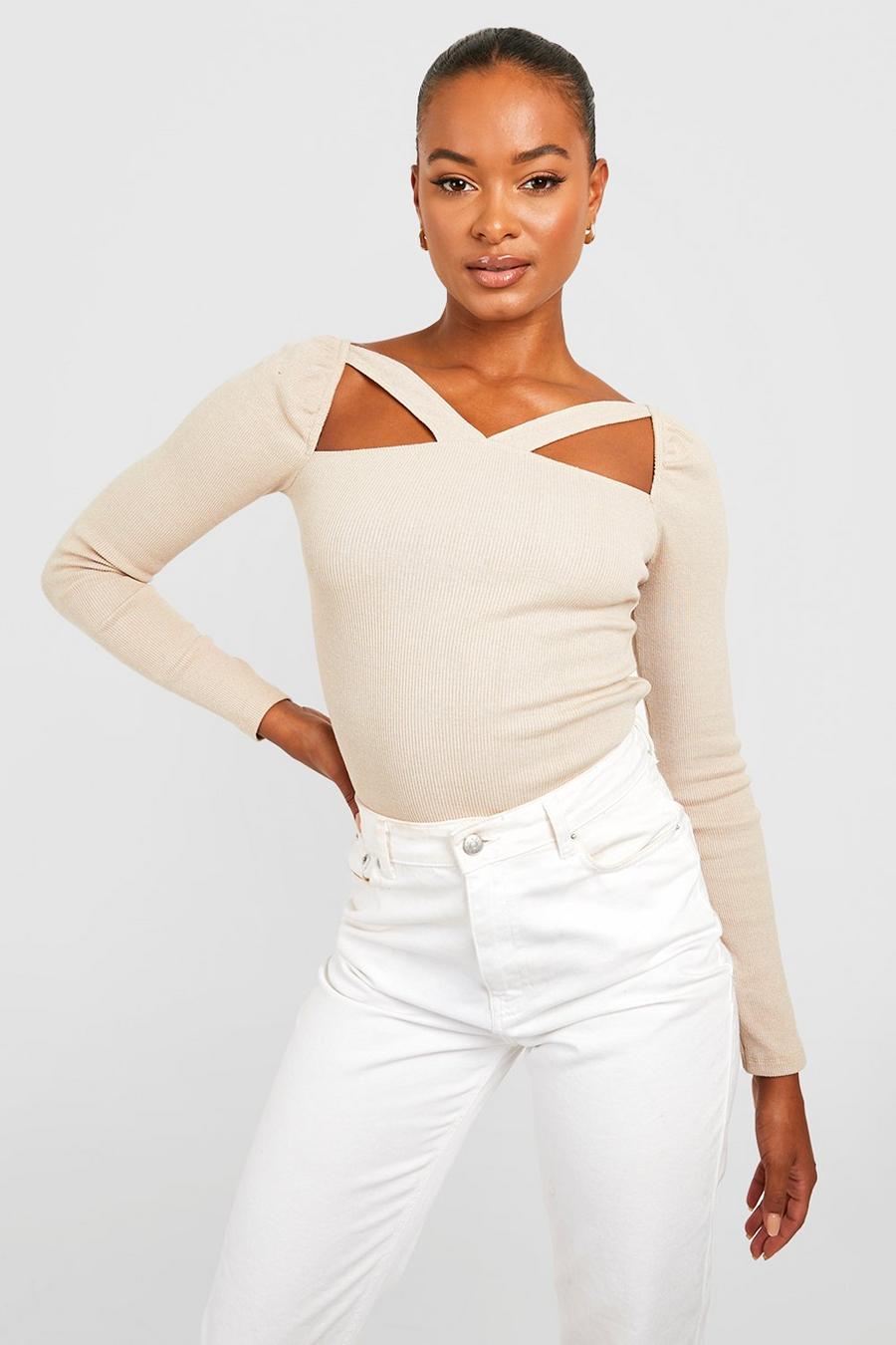 Beige Tall Cut Out Ruched Rib Longsleeve Top image number 1