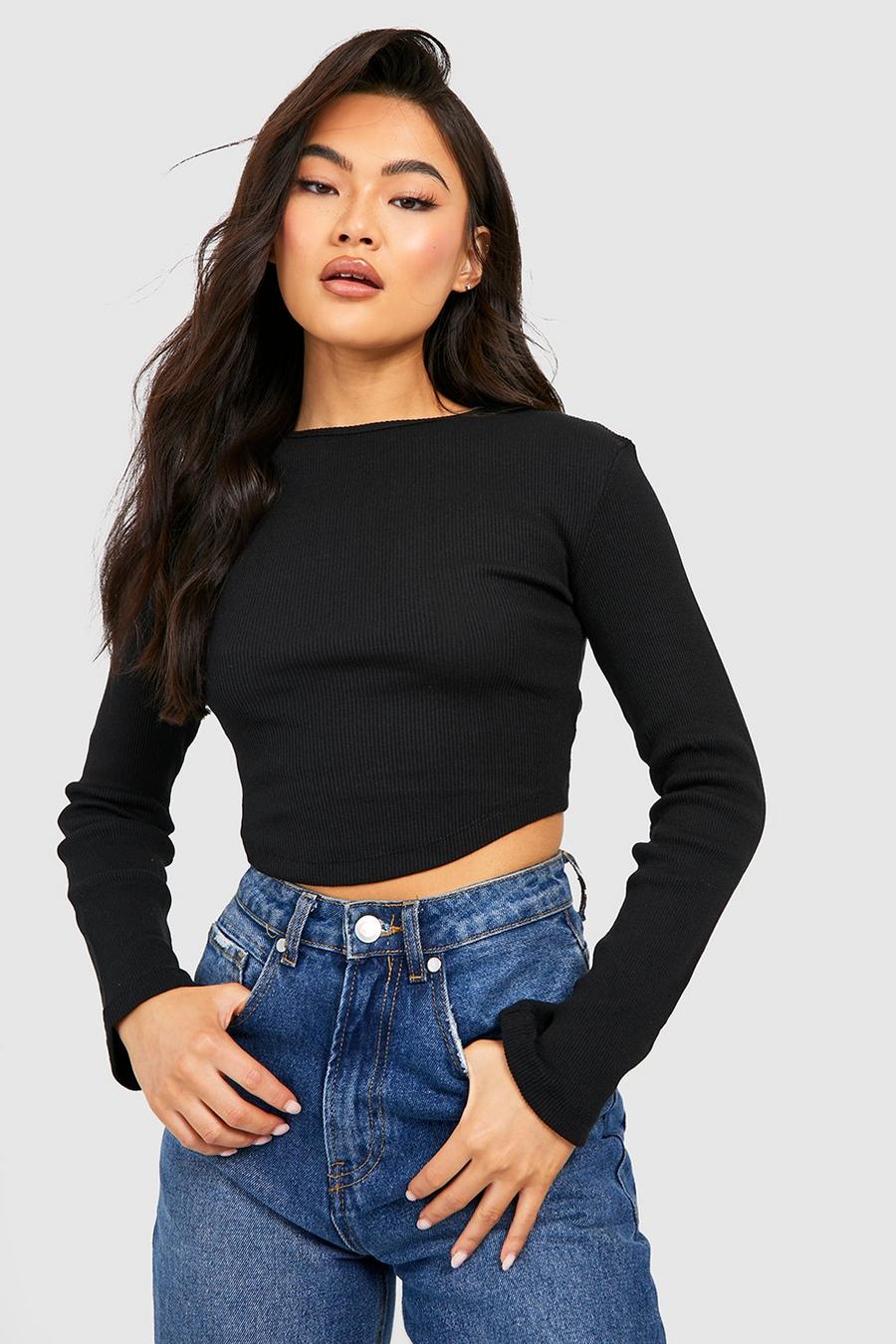 Black Wide Snatched Rib Long Sleeve Crop Top