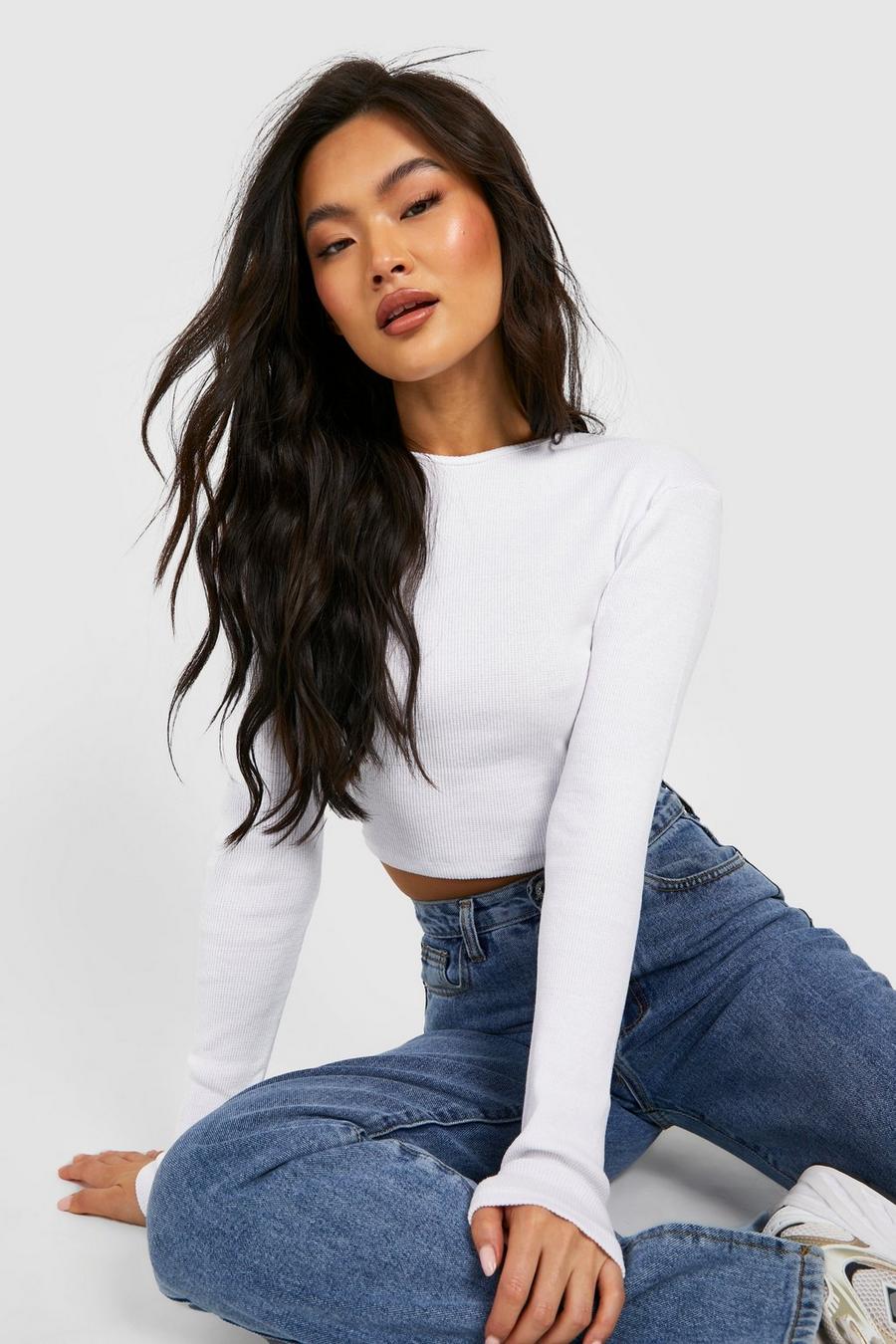 White Crew Neck Long Sleeve Crop Top image number 1