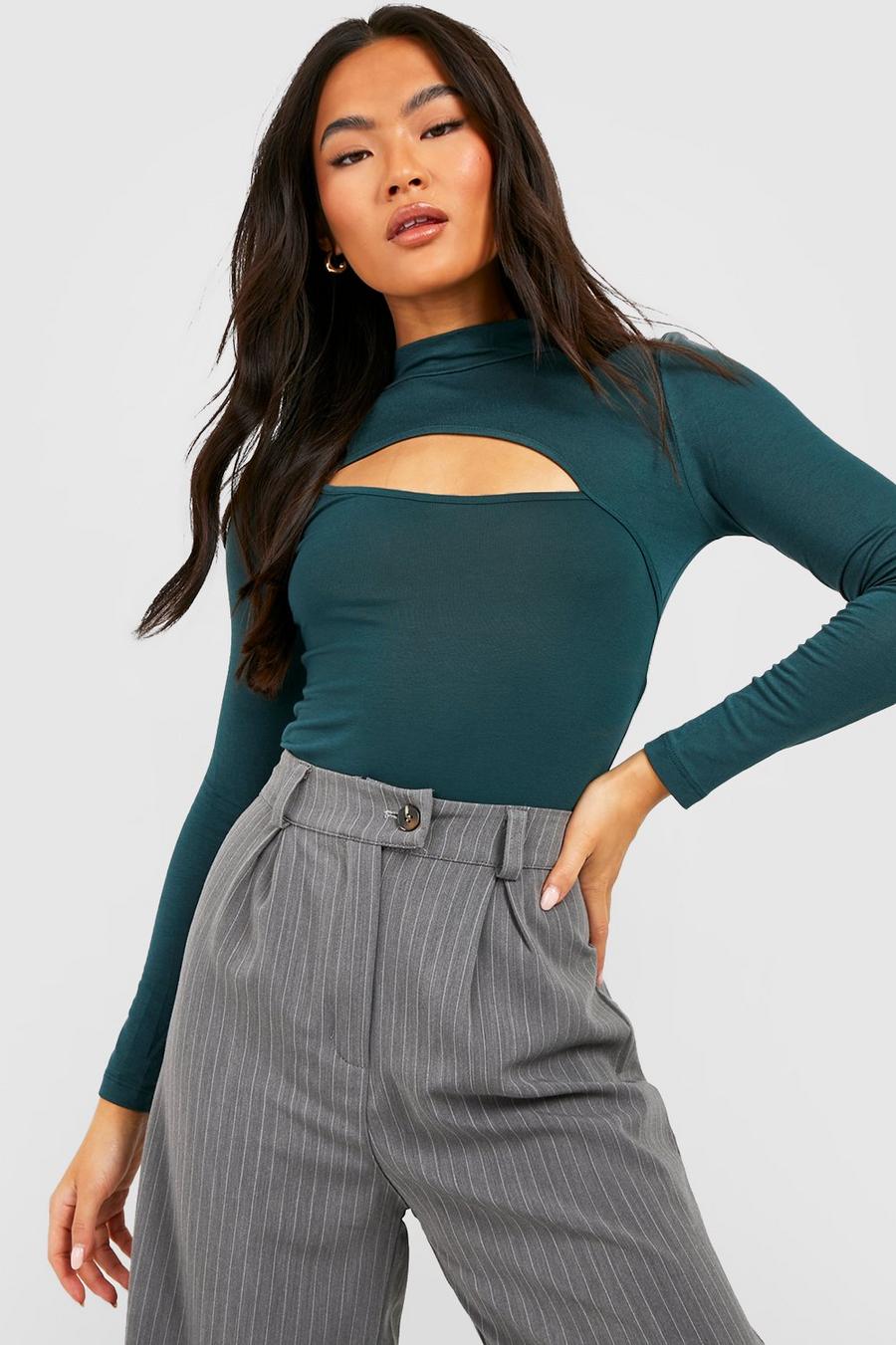 Green High Neck Cut Out Jersey Knit Bodysuit image number 1