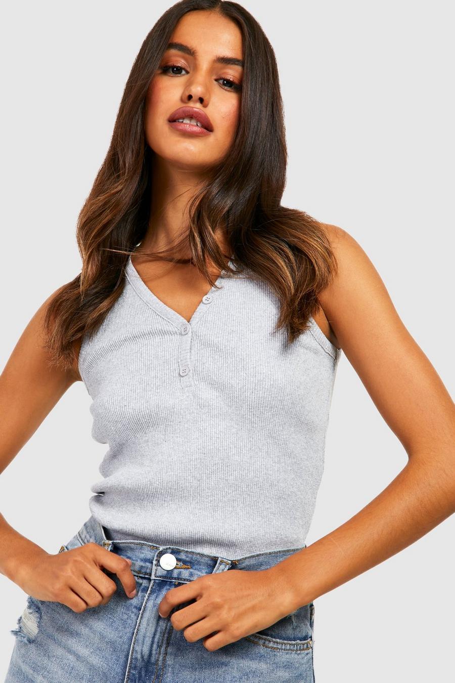 Grey marl Notch Neck Button Front Tank Top image number 1