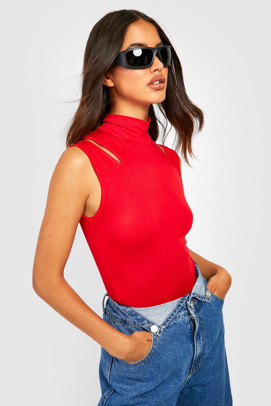 Red High Neck Jersey Cut Out Bodysuit image number 1