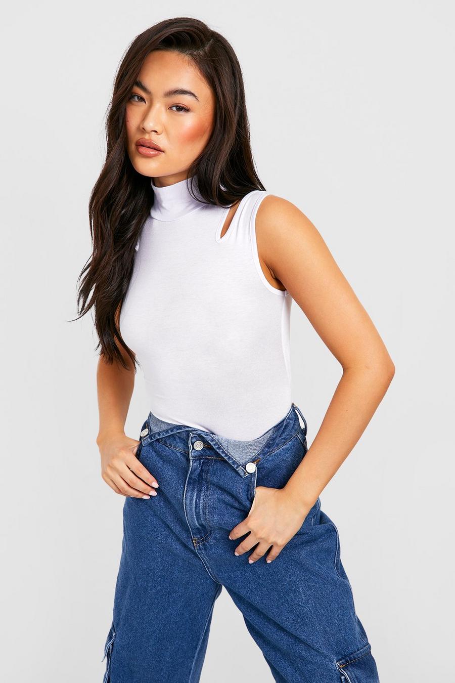 White High Neck Jersey Knit Cut Out Bodysuit image number 1