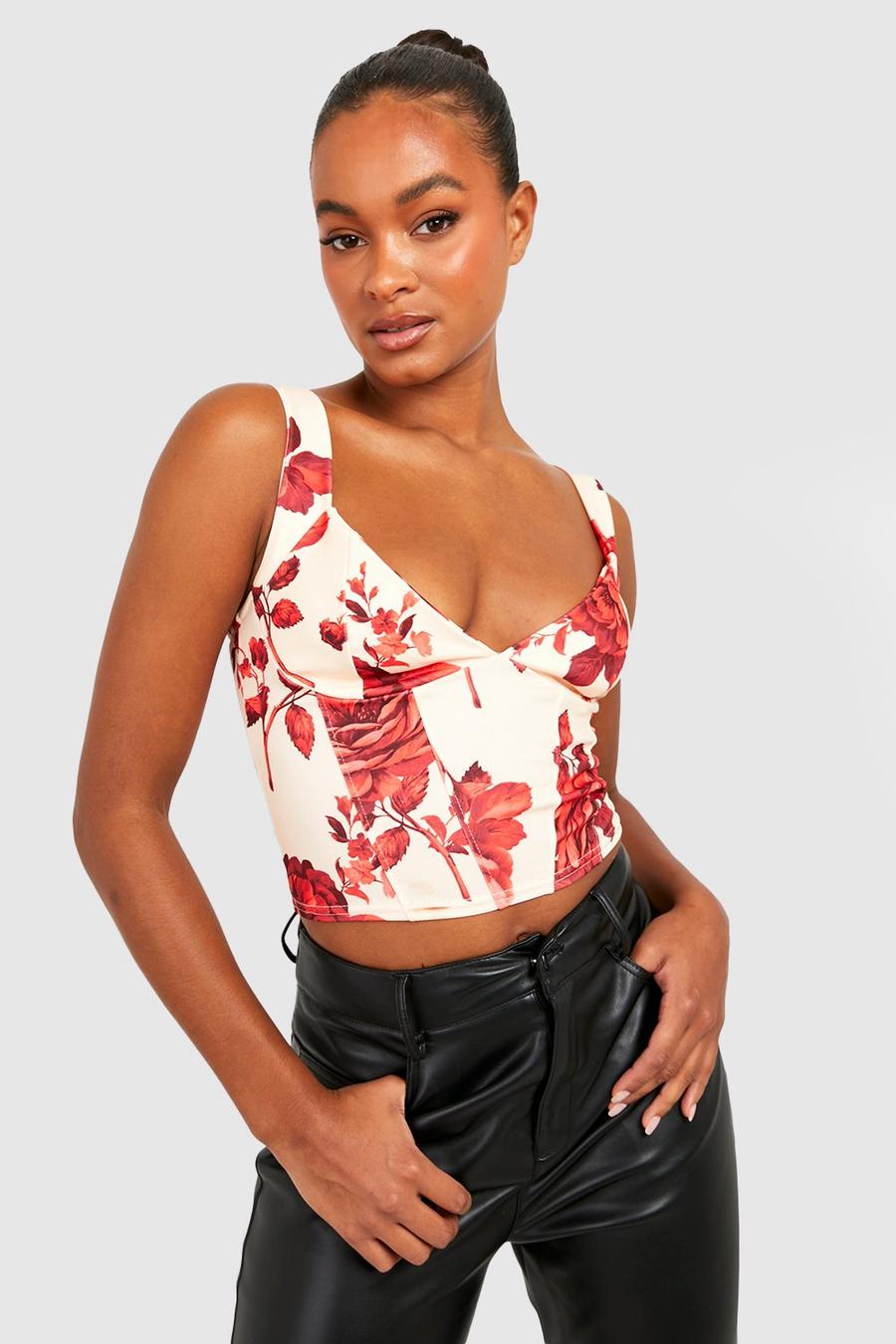 Champagne Tall Rose Print Corset Top image number 1