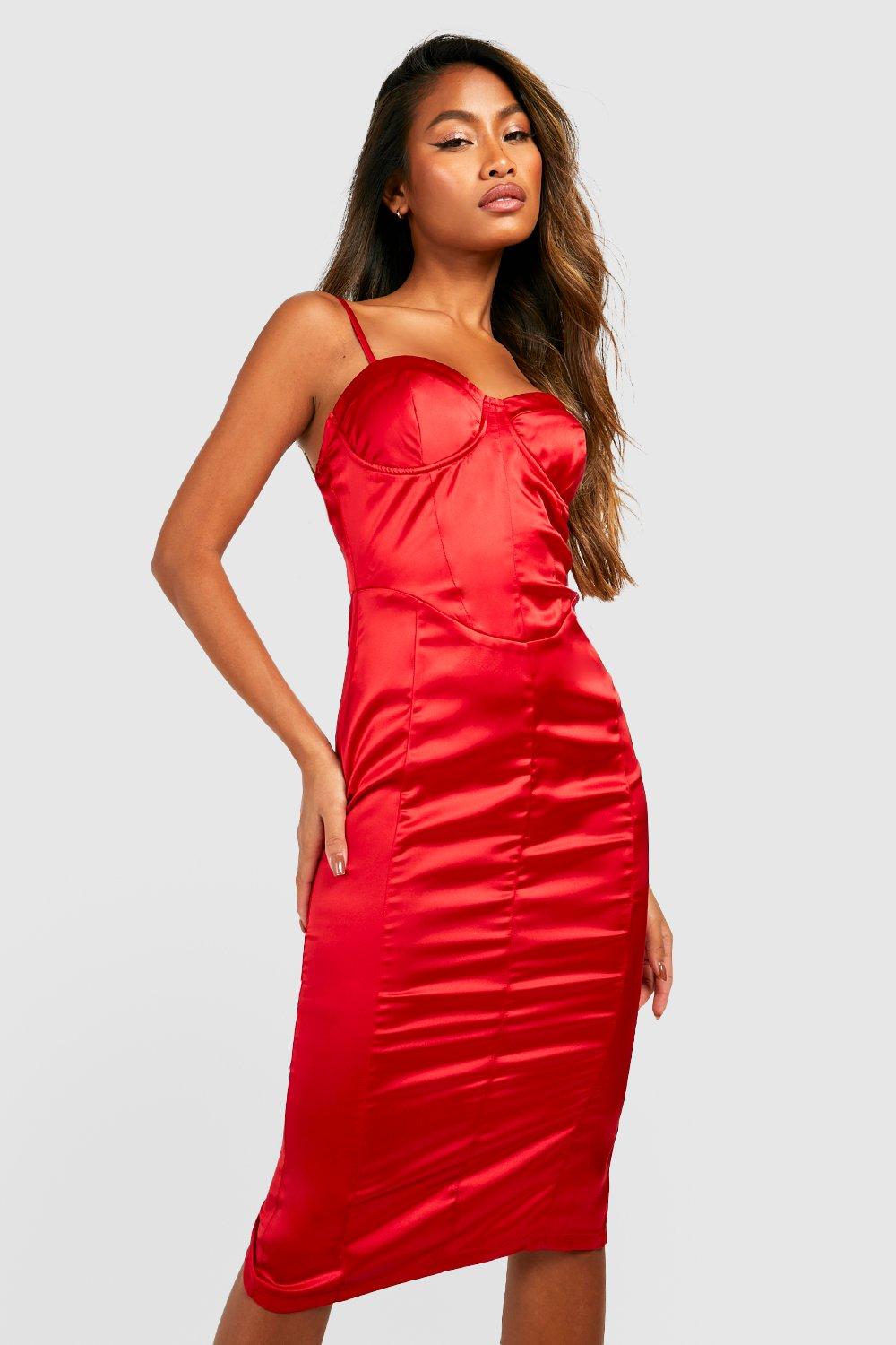 Red satin corset store dress