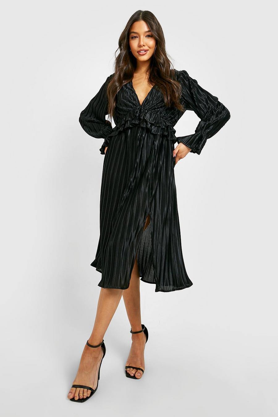 Black Pleated Satin Plunge Midi Dress image number 1