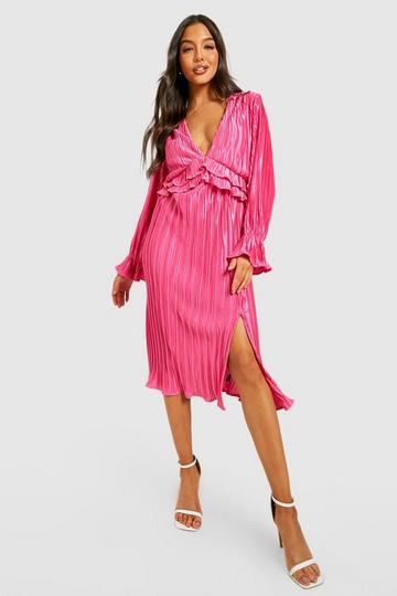 Pink Pleated Satin Plunge Midi Dress