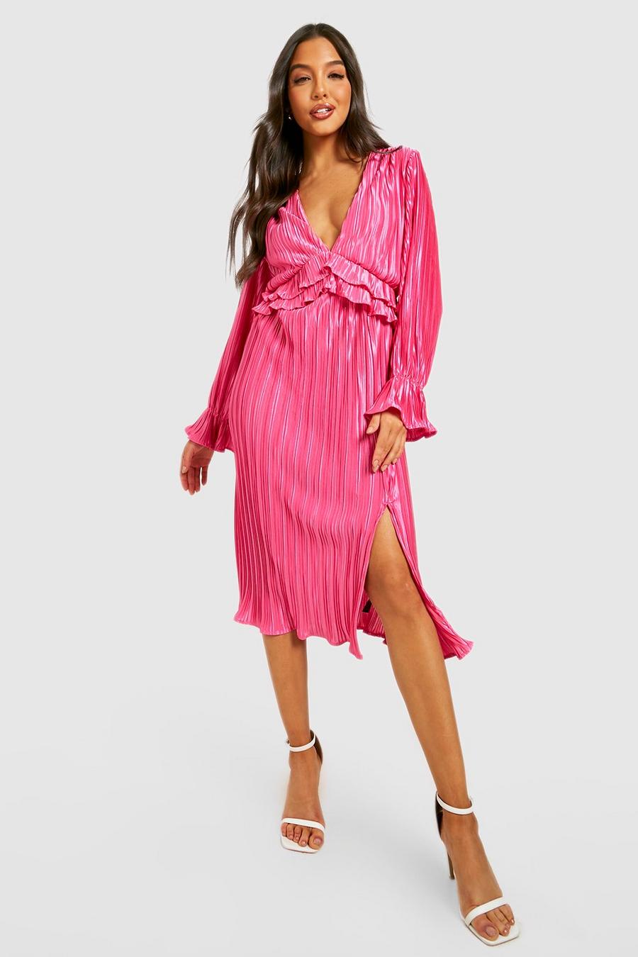 Hot pink Pleated Satin Plunge Midi Dress