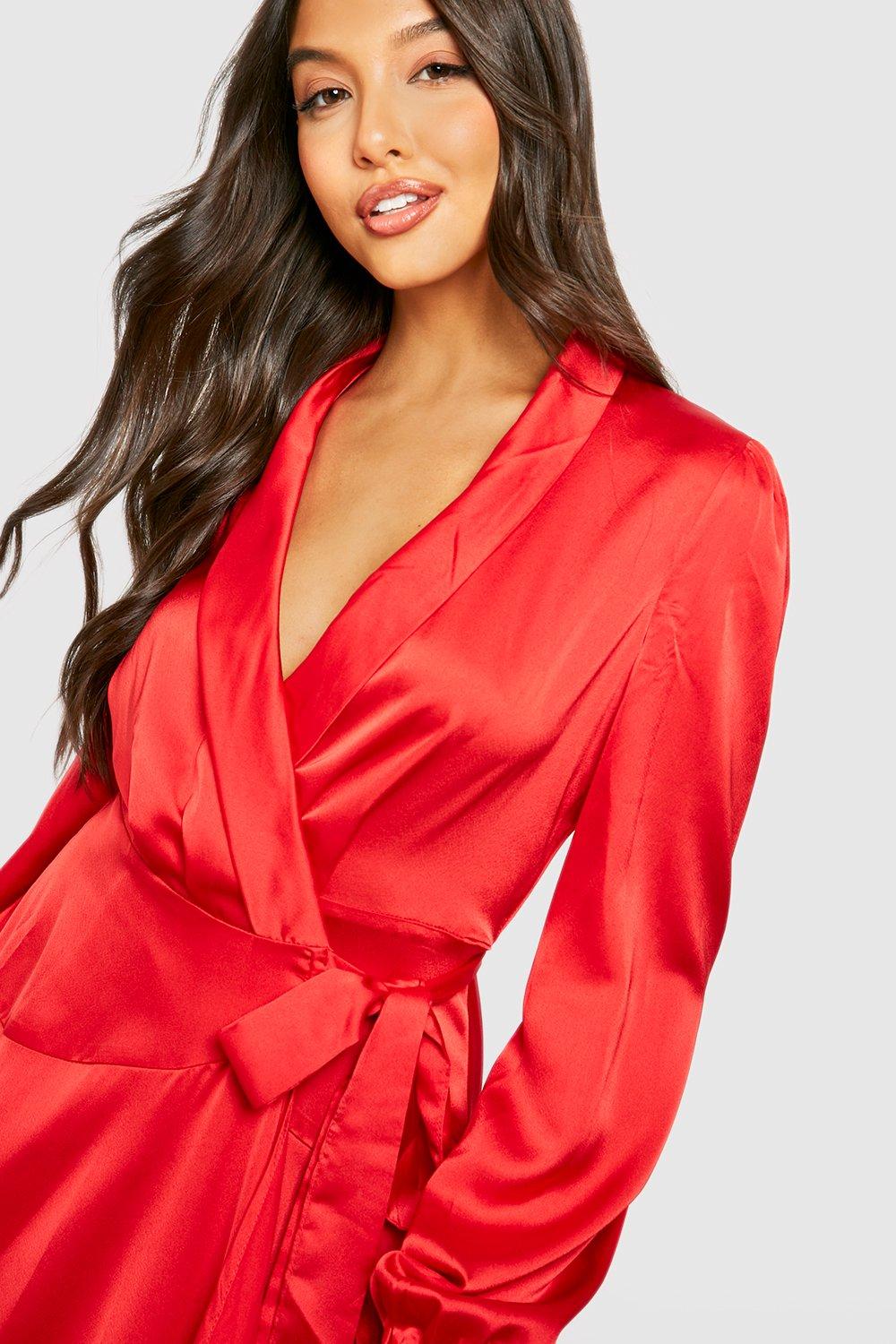 Missguided Satin Plunge Structured Skater Dress Red, $90, Missguided