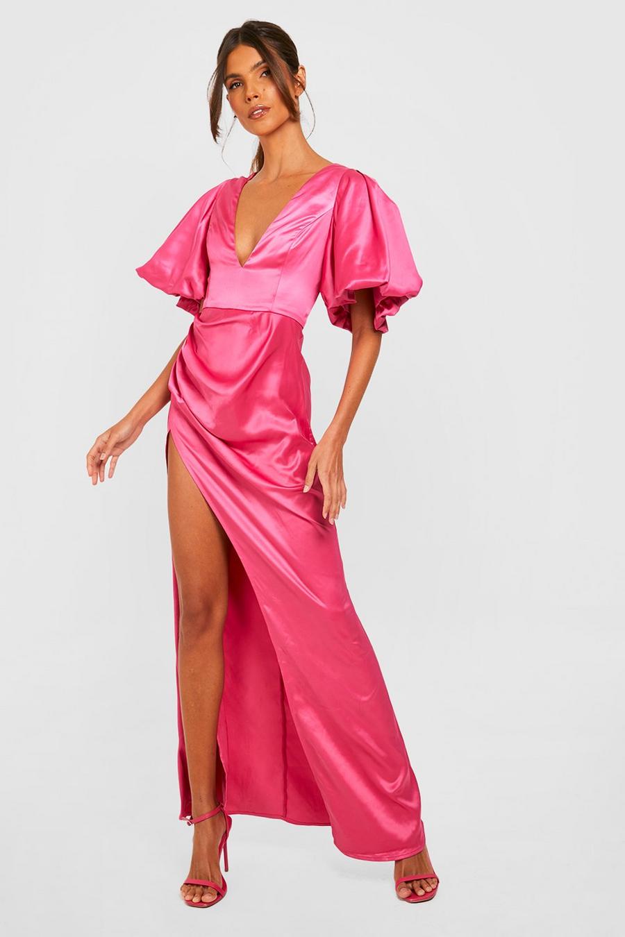 Vestido maxi escotado de raso con mangas abullonadas, Pink rosa image number 1