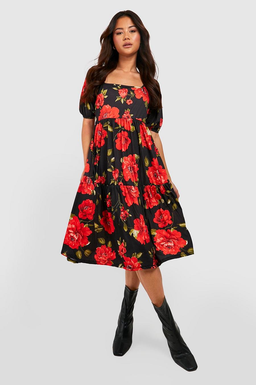 Red Floral Print Square Neck Tiered Midi Dress image number 1