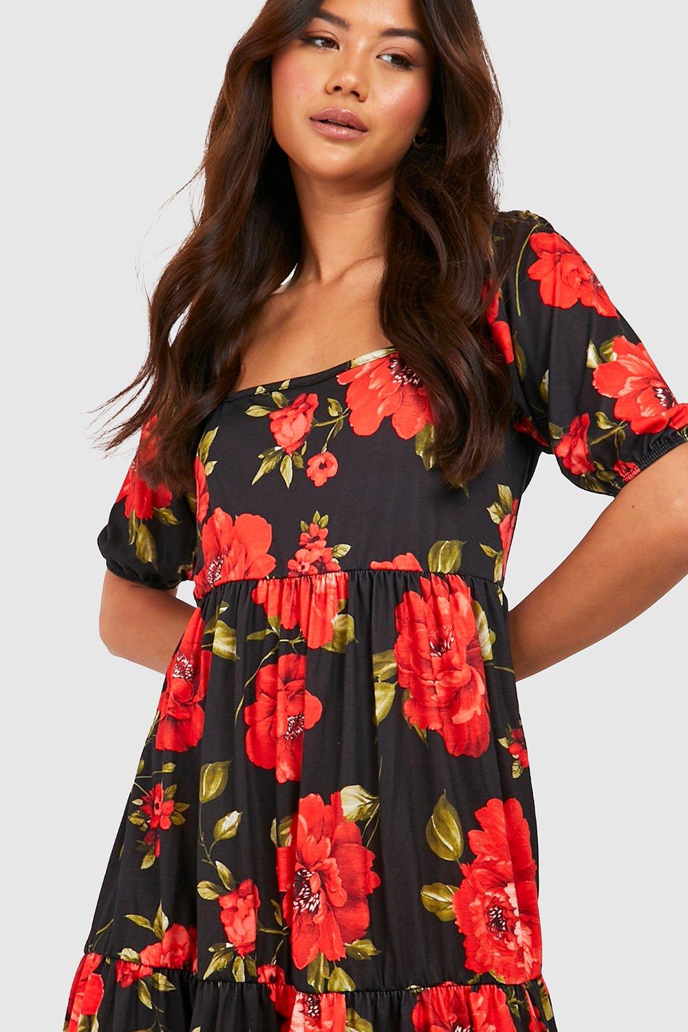 Floral Print Square Neck Tiered Midi Dress boohoo