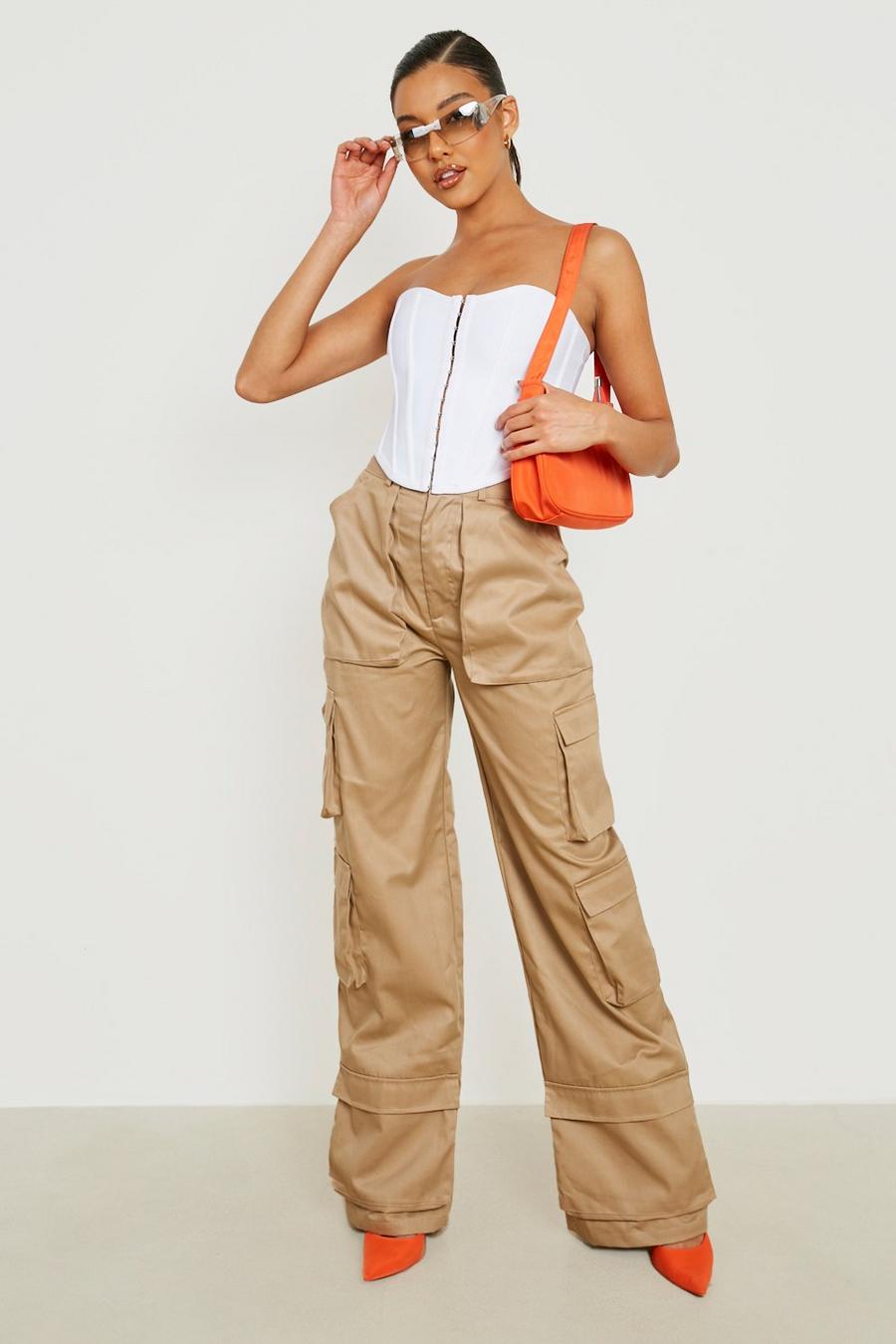 Stone High Waisted Multi Pocket Wide Cargo Pants image number 1