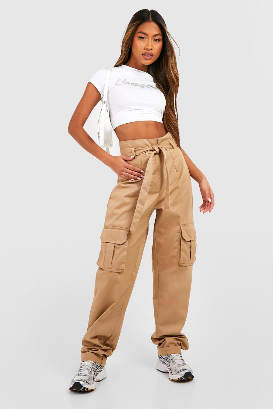 Stone beige High Waisted Belted Paperbag Cargo Joggers