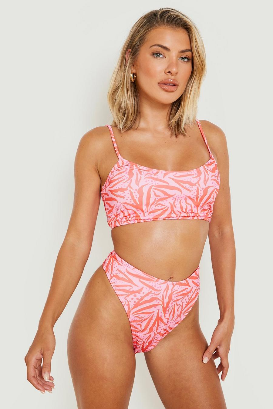 Rundhals-Bikini mit hohem Bund und abstraktem Print, Pink