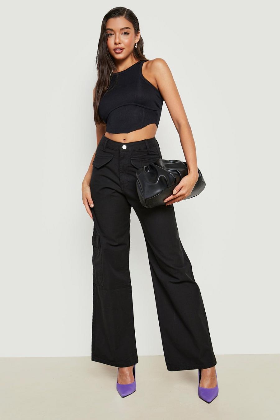 Black Cotton Twill Wide Leg Cargo Pants image number 1