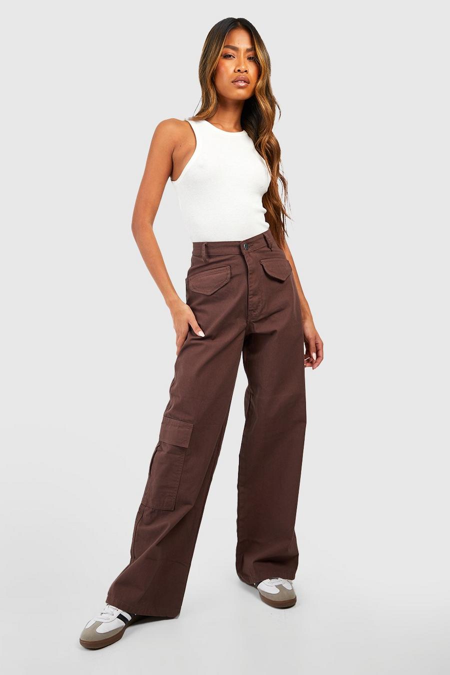 Chocolate marrón Cotton Twill Wide Leg Cargo Trousers