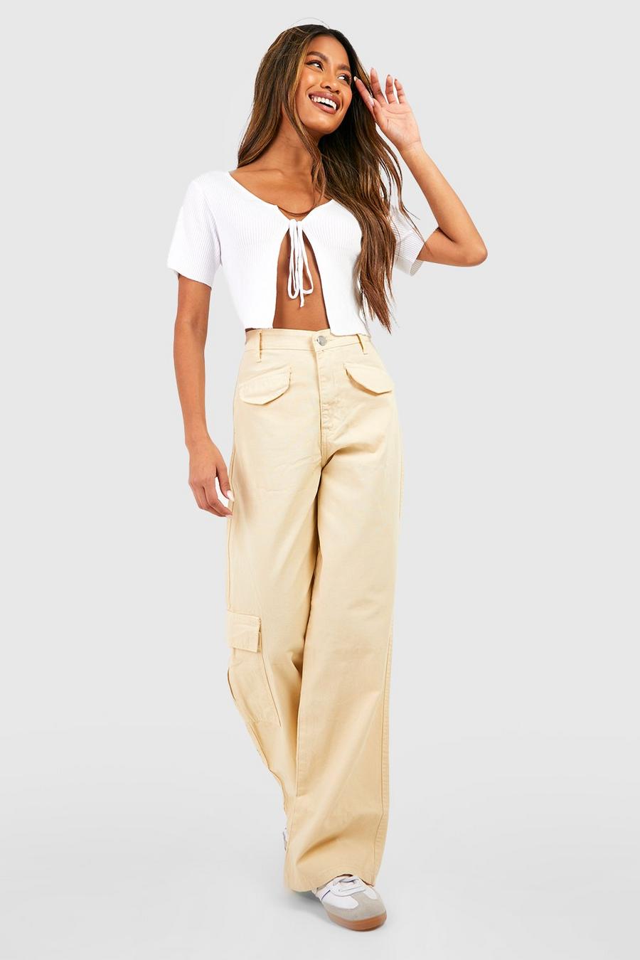 Sand beige Cotton Twill Wide Leg Cargo Pants image number 1