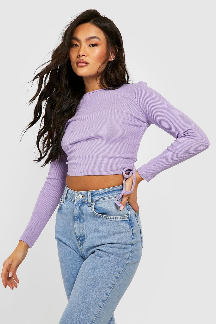 Lilac purple Ruched Side Crew Neck Rib Crop