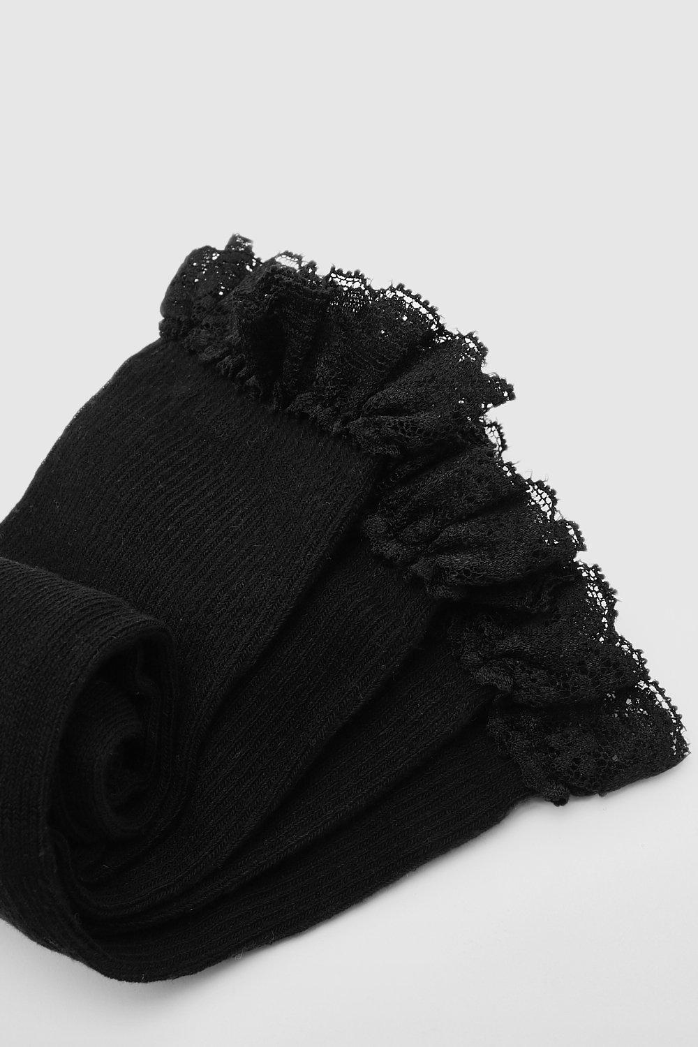 Pack de 2 pares de calcetines negros de canalé con ribete de encaje