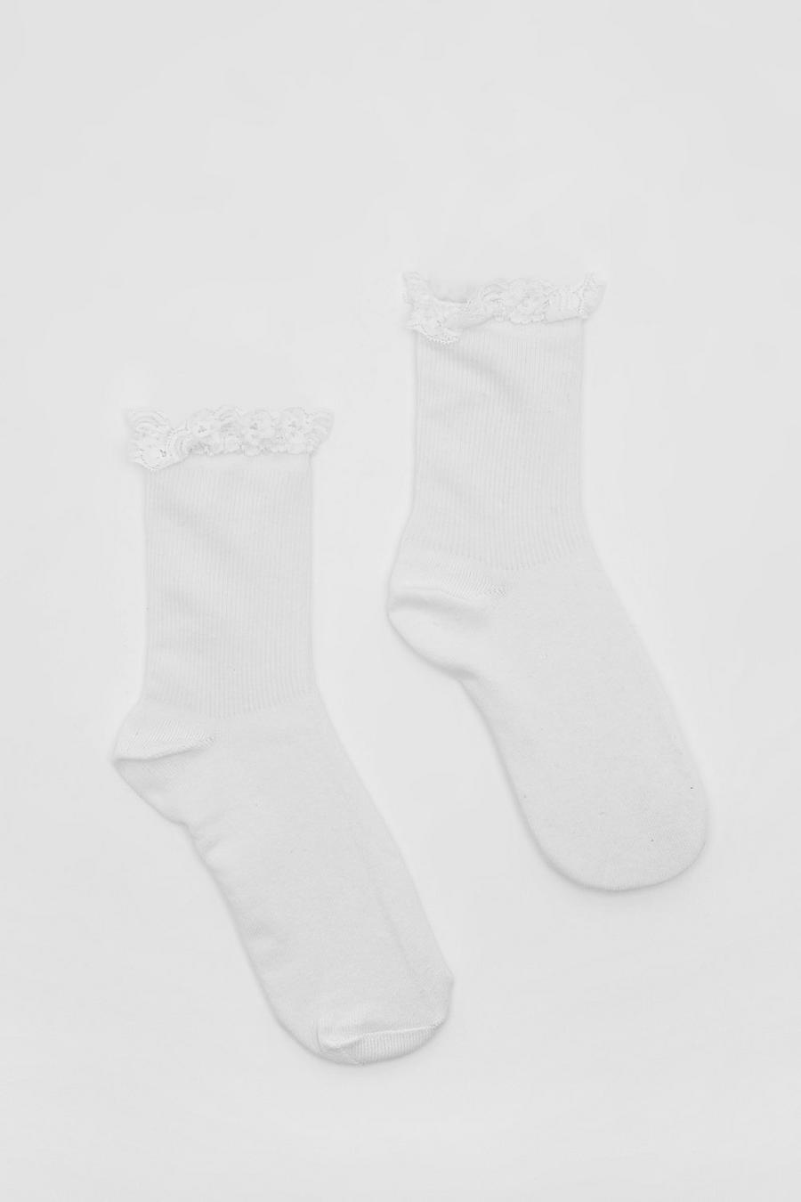 2 Pack White Rib Sock With Lace Trim  image number 1