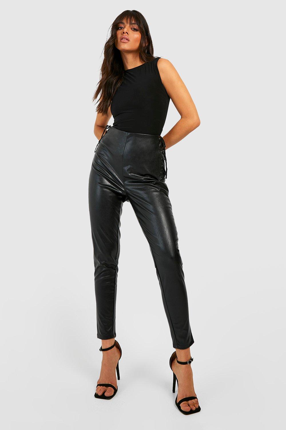 Women's High Waisted Lace Up Leather Look Trousers
