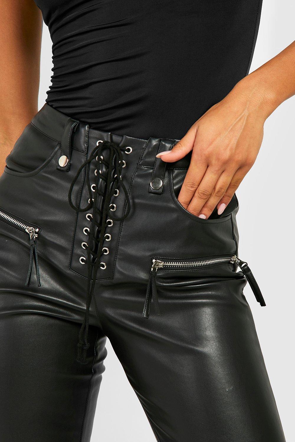 High Waisted Lace Up Leather Look Trousers