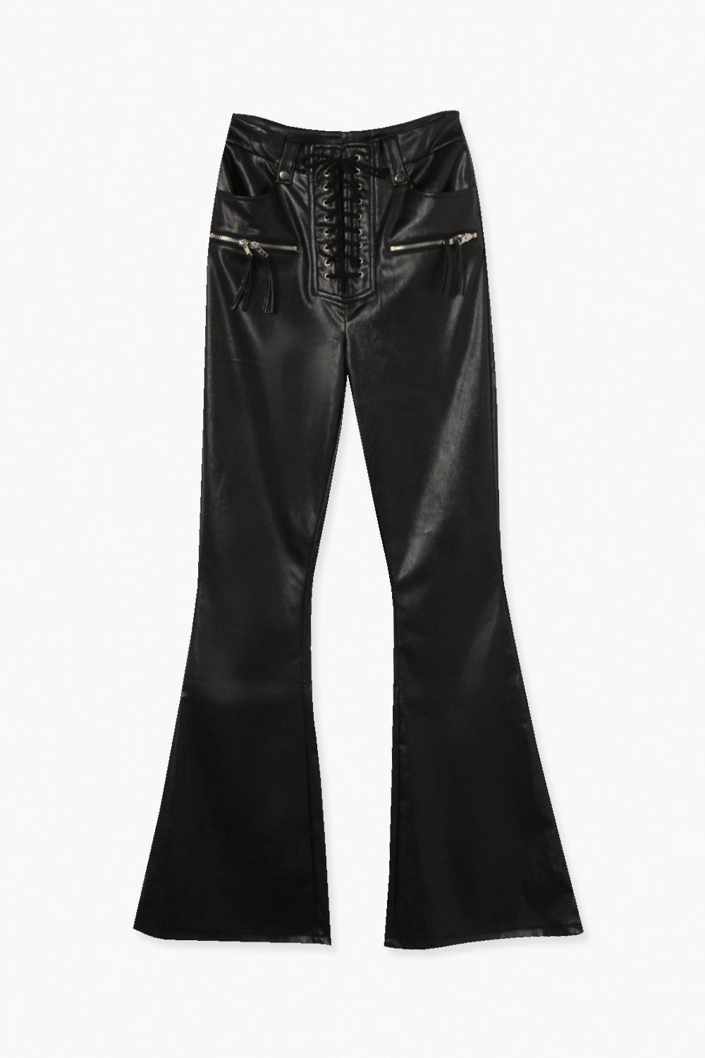 Women's Biker Lace Up Leather Look Flared Trousers