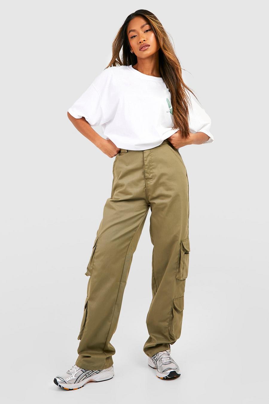 Pantaloni dritti a vita alta stile Cargo, Khaki image number 1