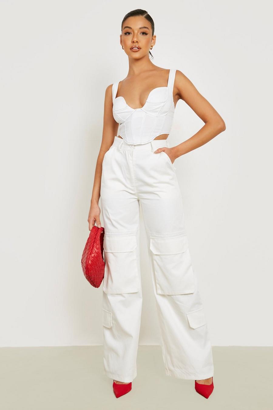 White Wide Leg Cargo Pants image number 1