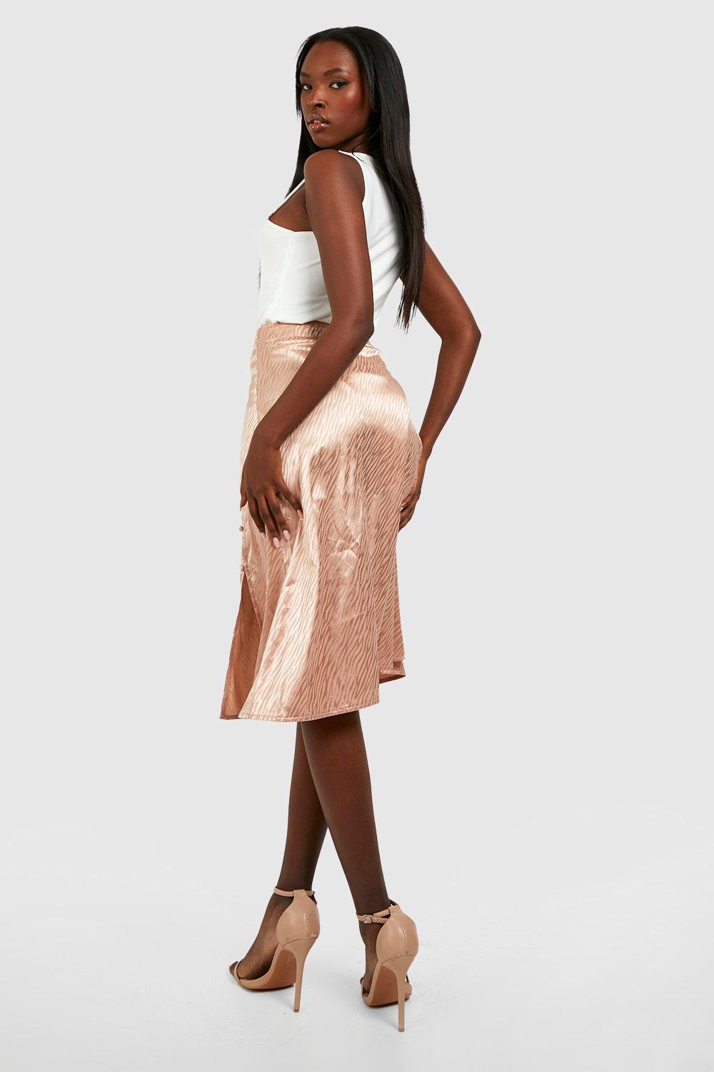 Jacquard Satin Buttoned Midi Skirt | boohoo