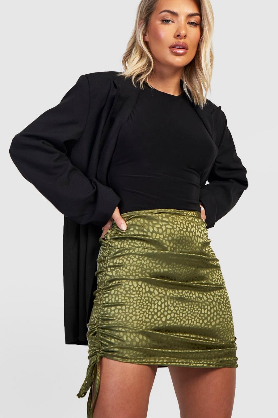 Khaki Jacquard Satin Ruched Mini Skirt image number 1