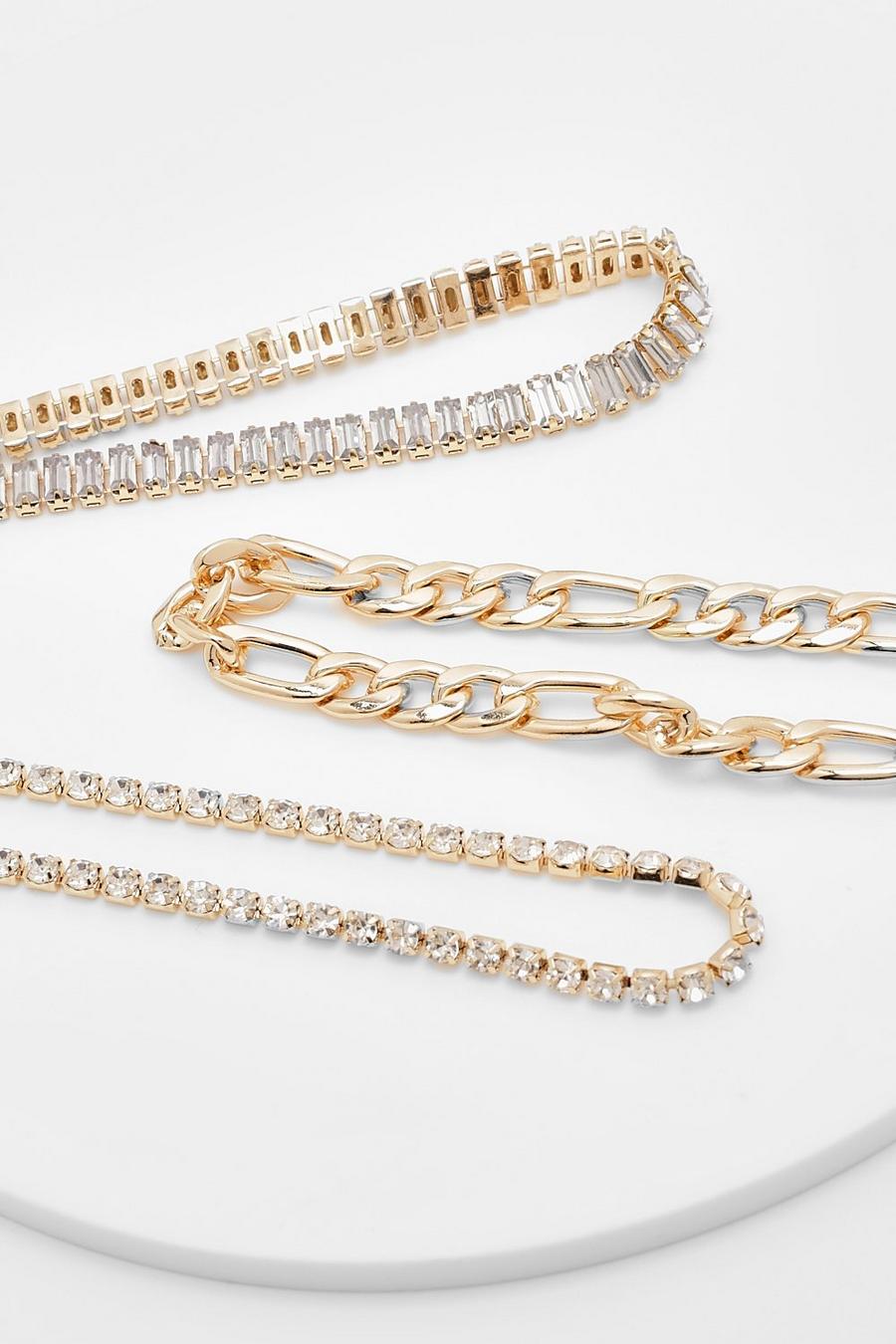 Lot de 3 bracelets à strass et chaînes, Gold metallic