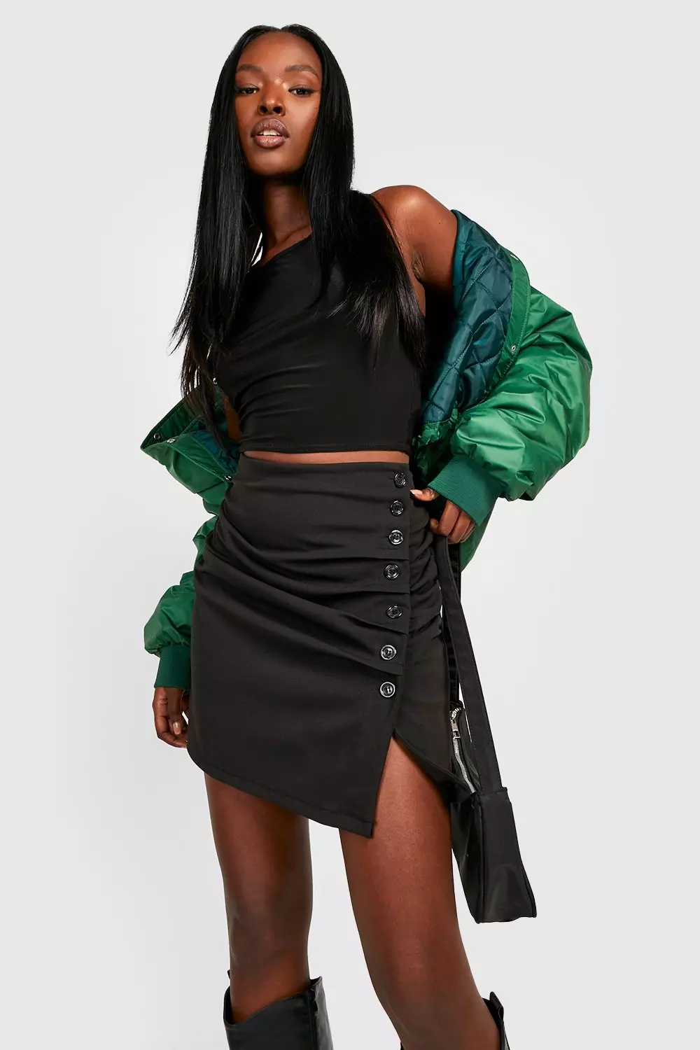 Black Button Front Ruched Micro Mini Skirt alternative image