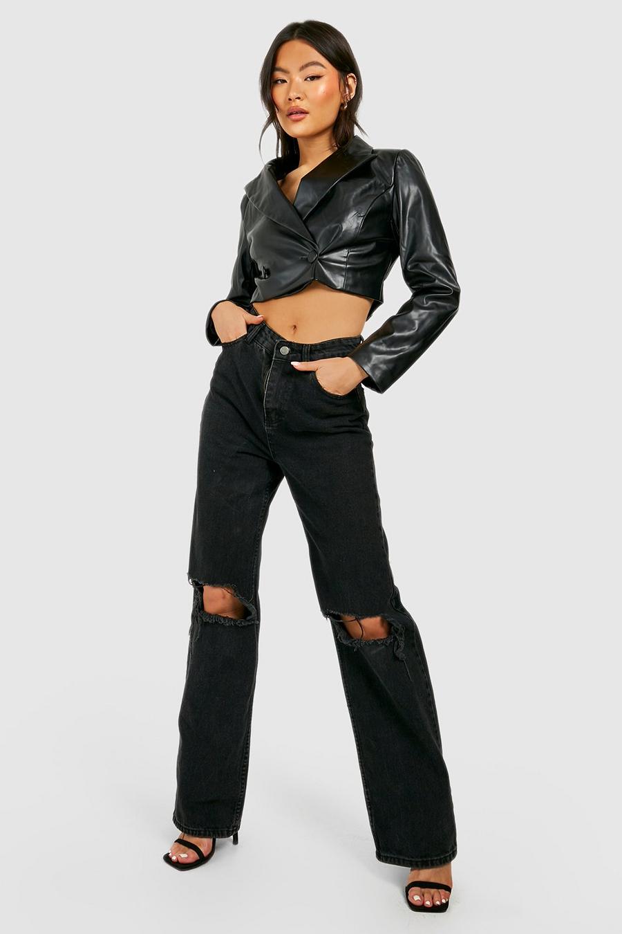Black Premium Leather Look Cropped Tailored Blazer image number 1