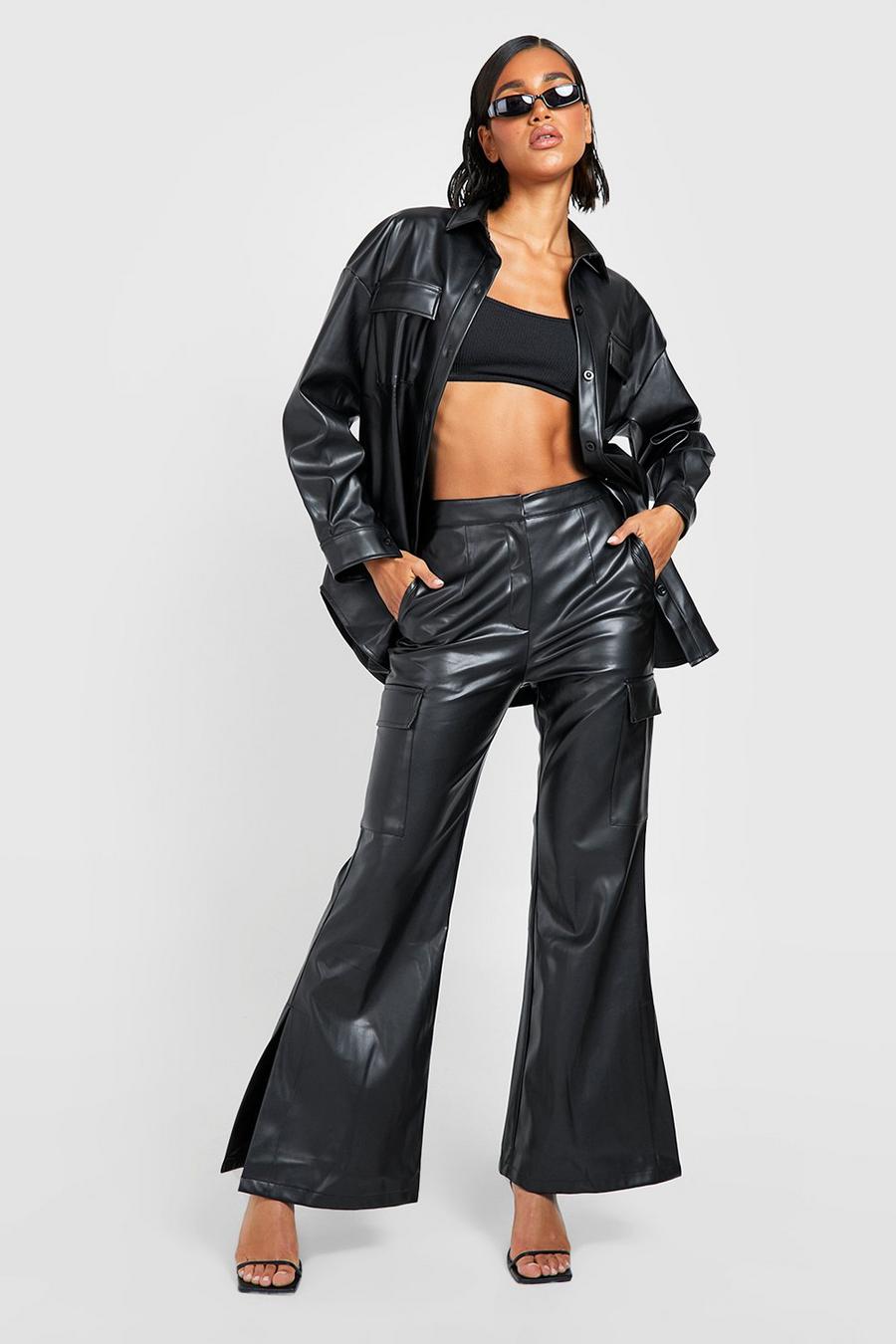 Black svart Leather Look Split Detail Cargo Trousers  image number 1