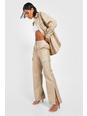 Sand Leather Look Split Detail Cargo Trousers 
