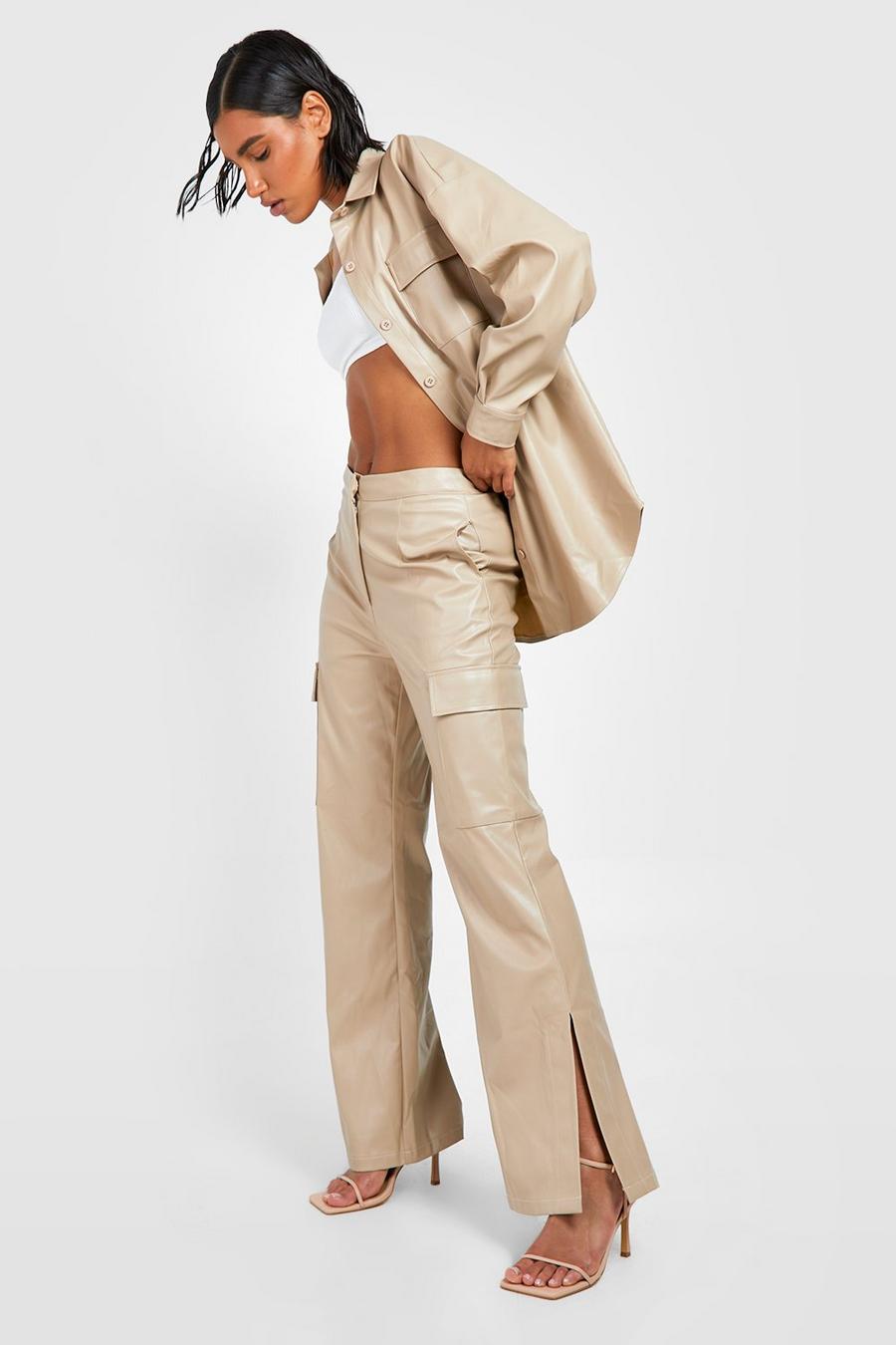 Sand Leather Look Split Detail Cargo Trousers  image number 1