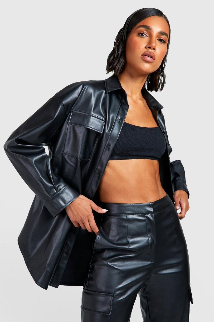 Black Leather Look Oversized Shacket  image number 1