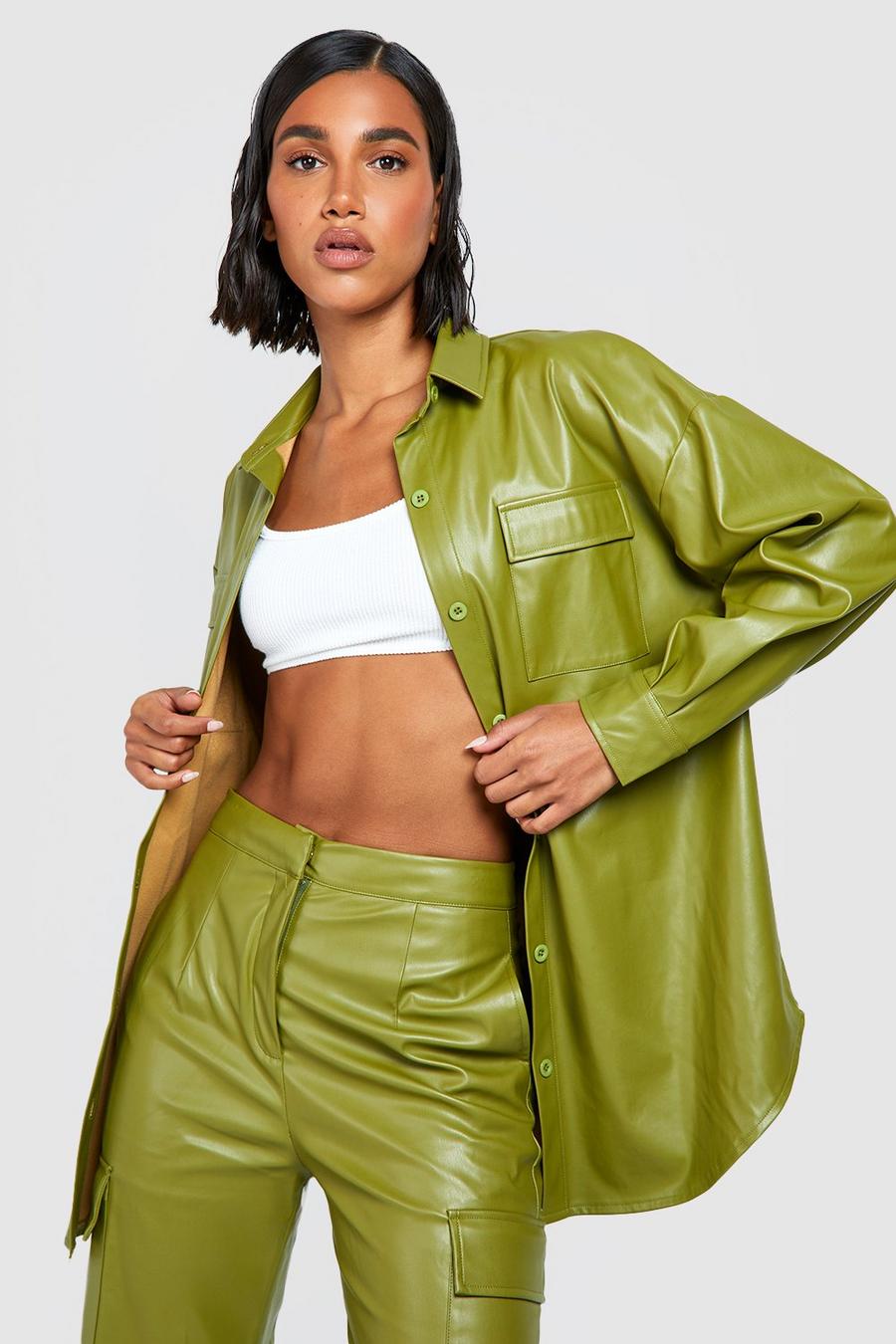 Olive green Leather Look Oversized Shacket 