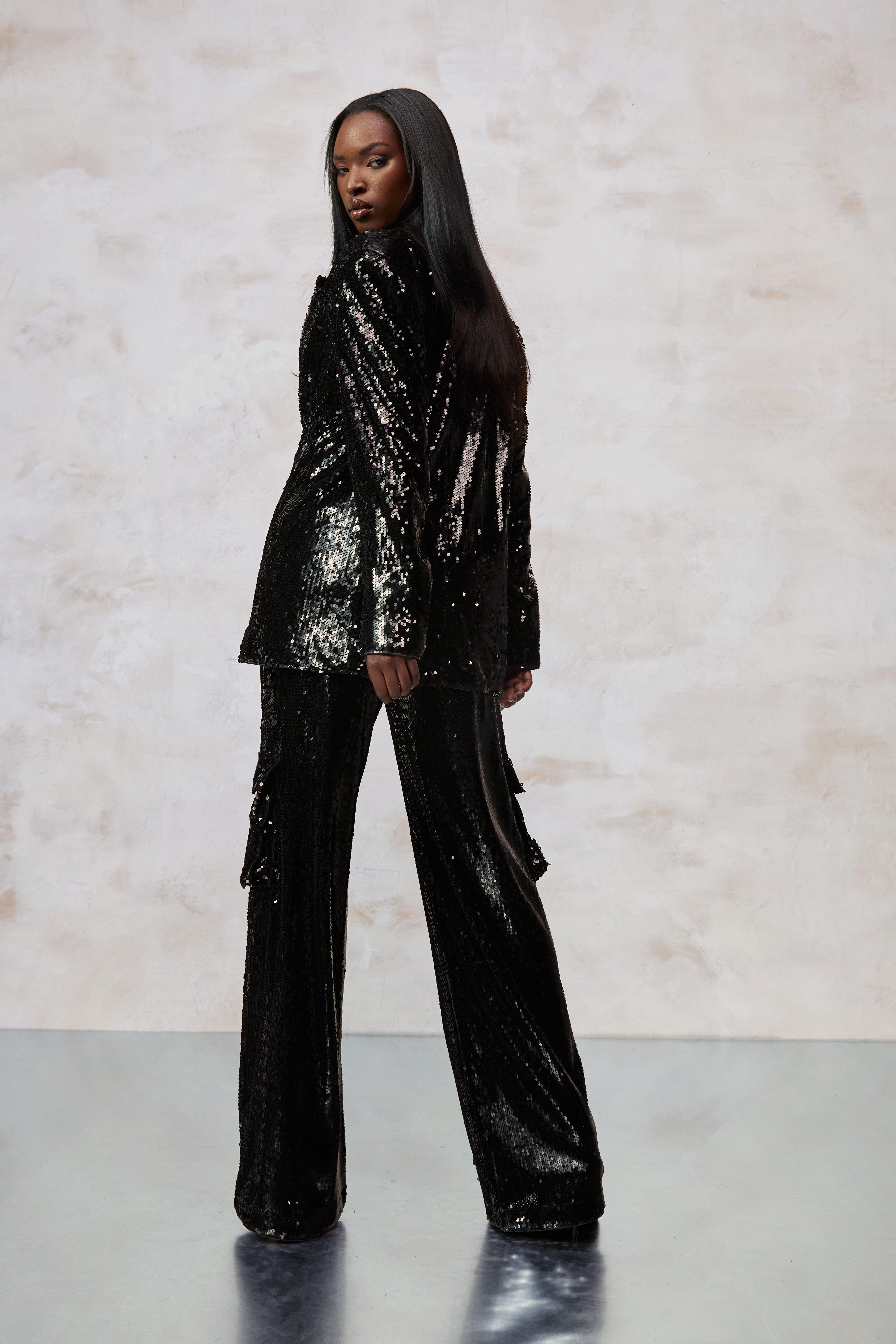Oversized Sequin Blazer Wide Leg Sequin Cargo Pant Suit