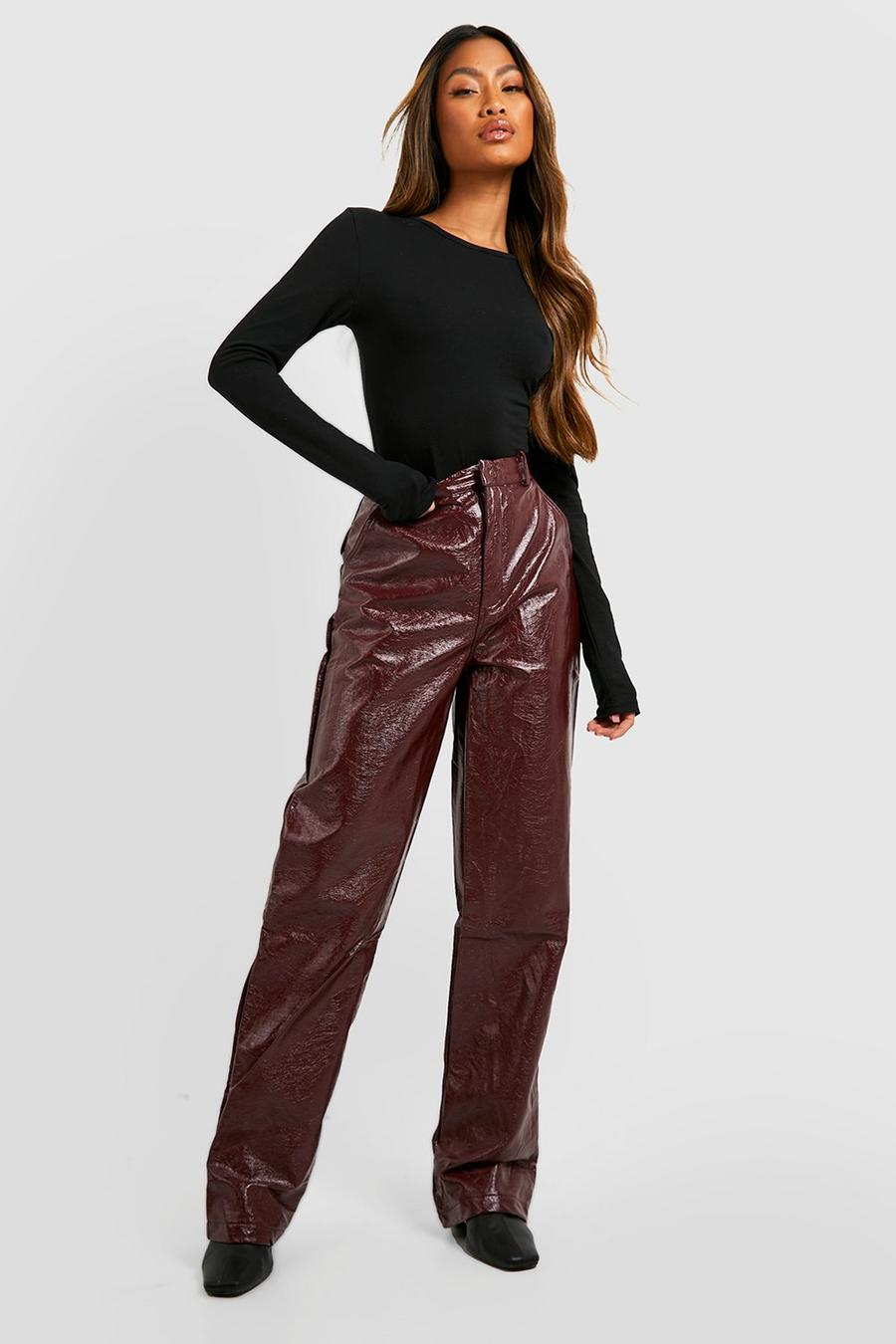 Burgundy High Waisted Vinyl Wide Leg Trousers image number 1