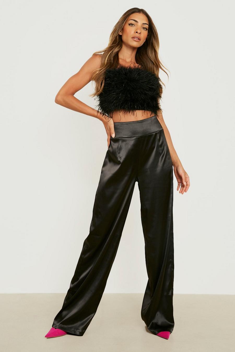 Black High Waisted Satin Wide Leg Trousers image number 1