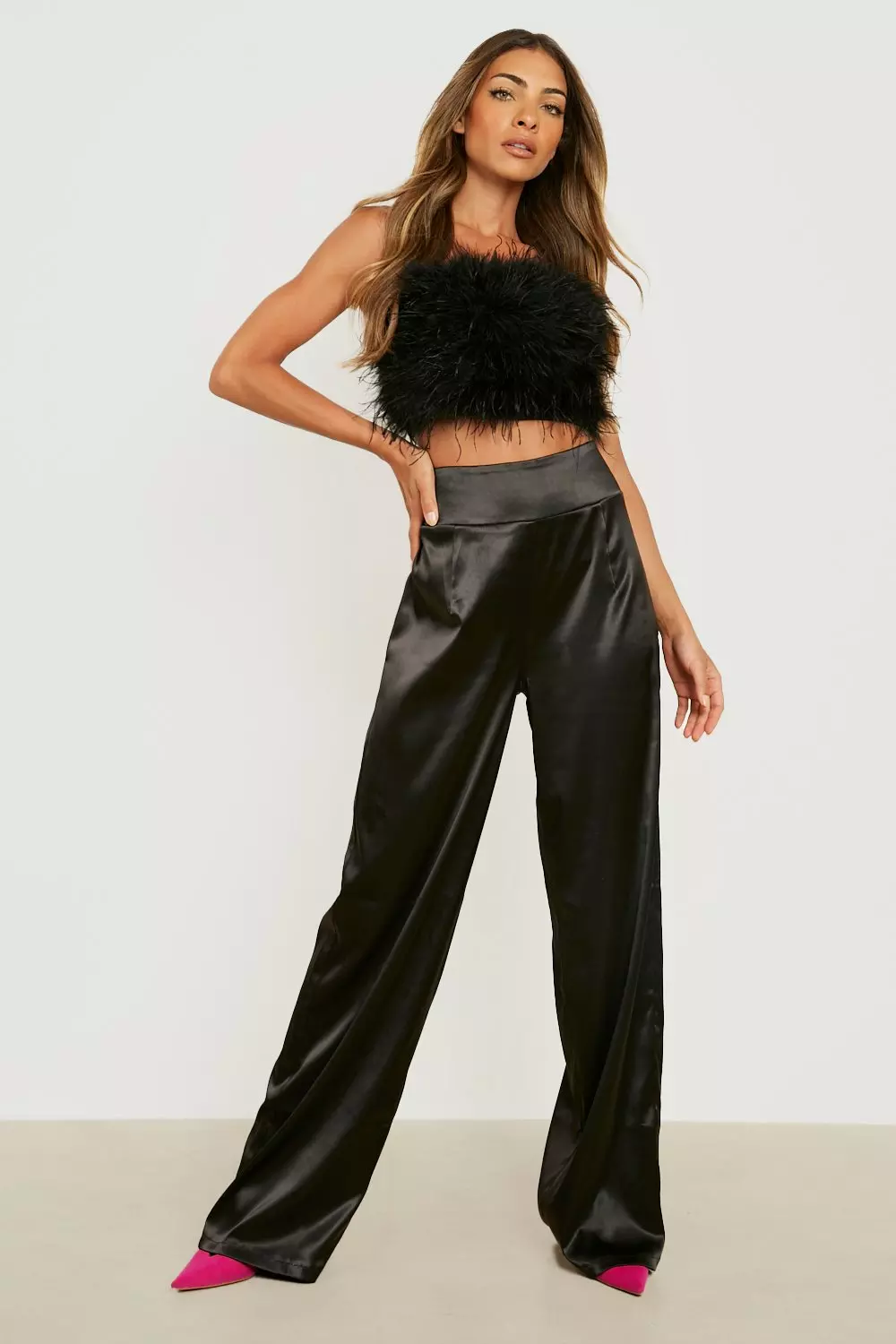 Black satin 2025 wide leg trousers