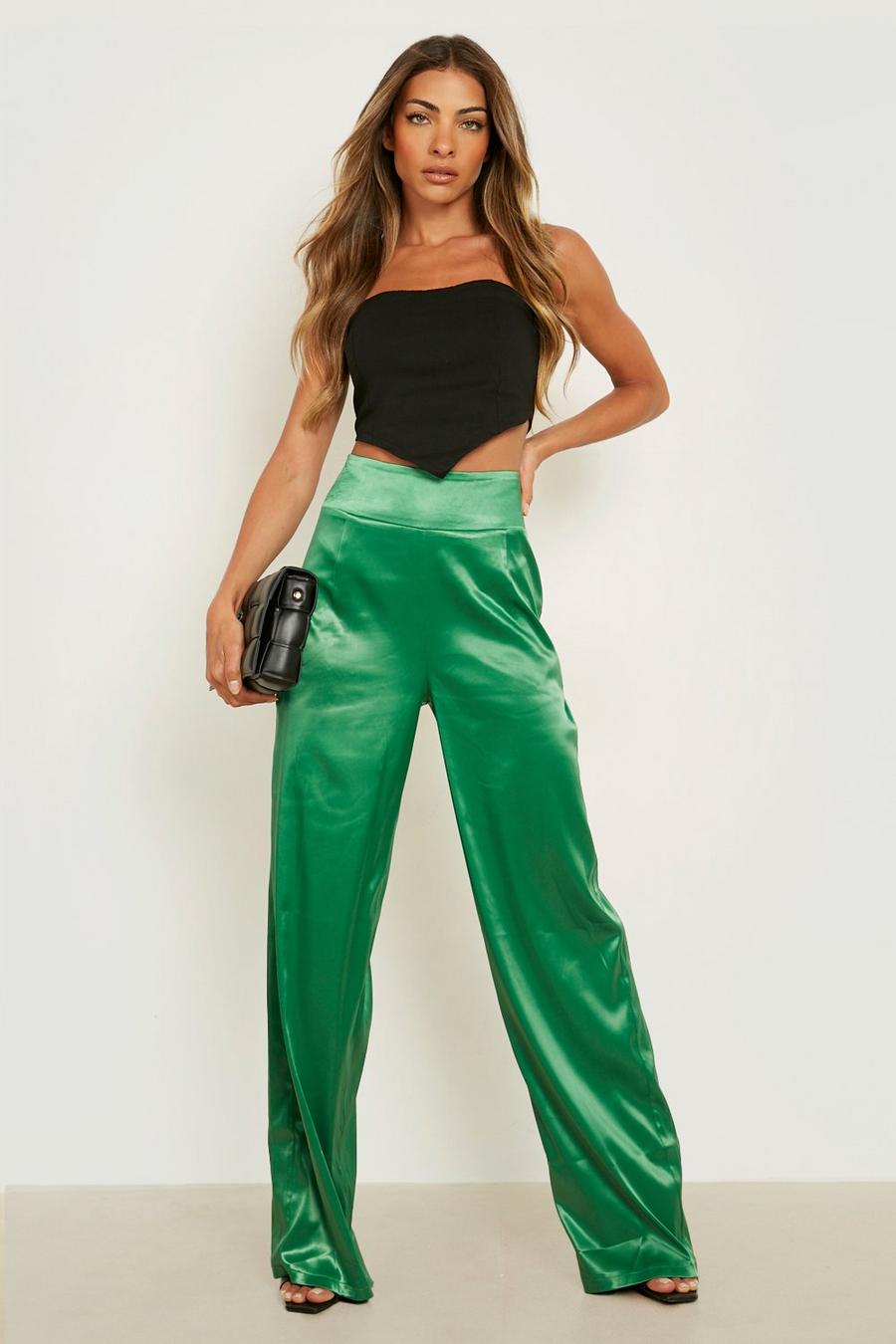 Wide-cut Satin Pants - Dark green - Ladies